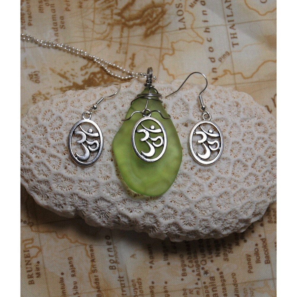 Lime Green Sea Glass Style Om Necklace and Earring Set Handmade Wire Wrapped